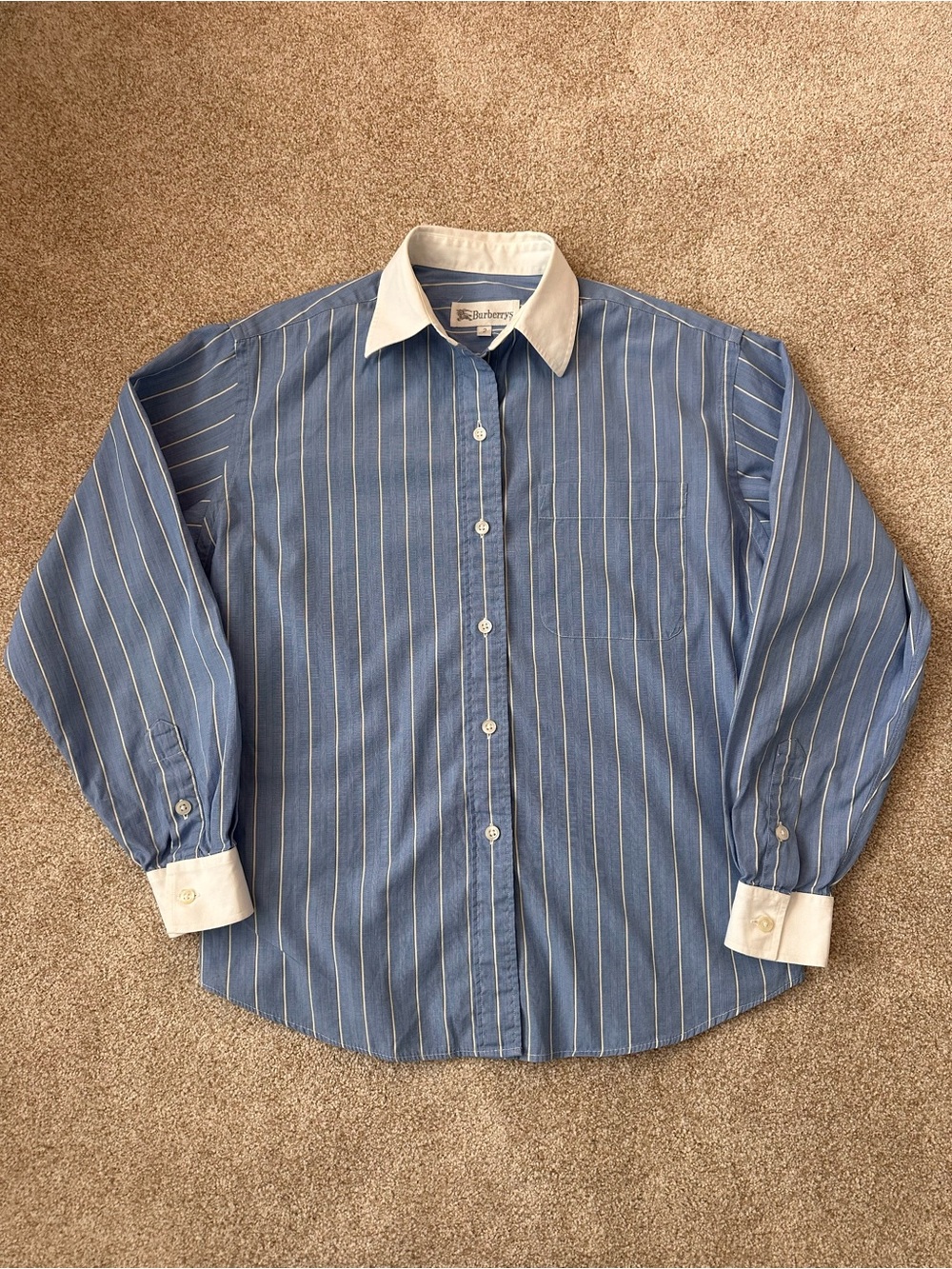 Vintage Burberrys Blue Pinstripe Button Down Shirt Contrast Collar Size 2 - Picture 4 of 11